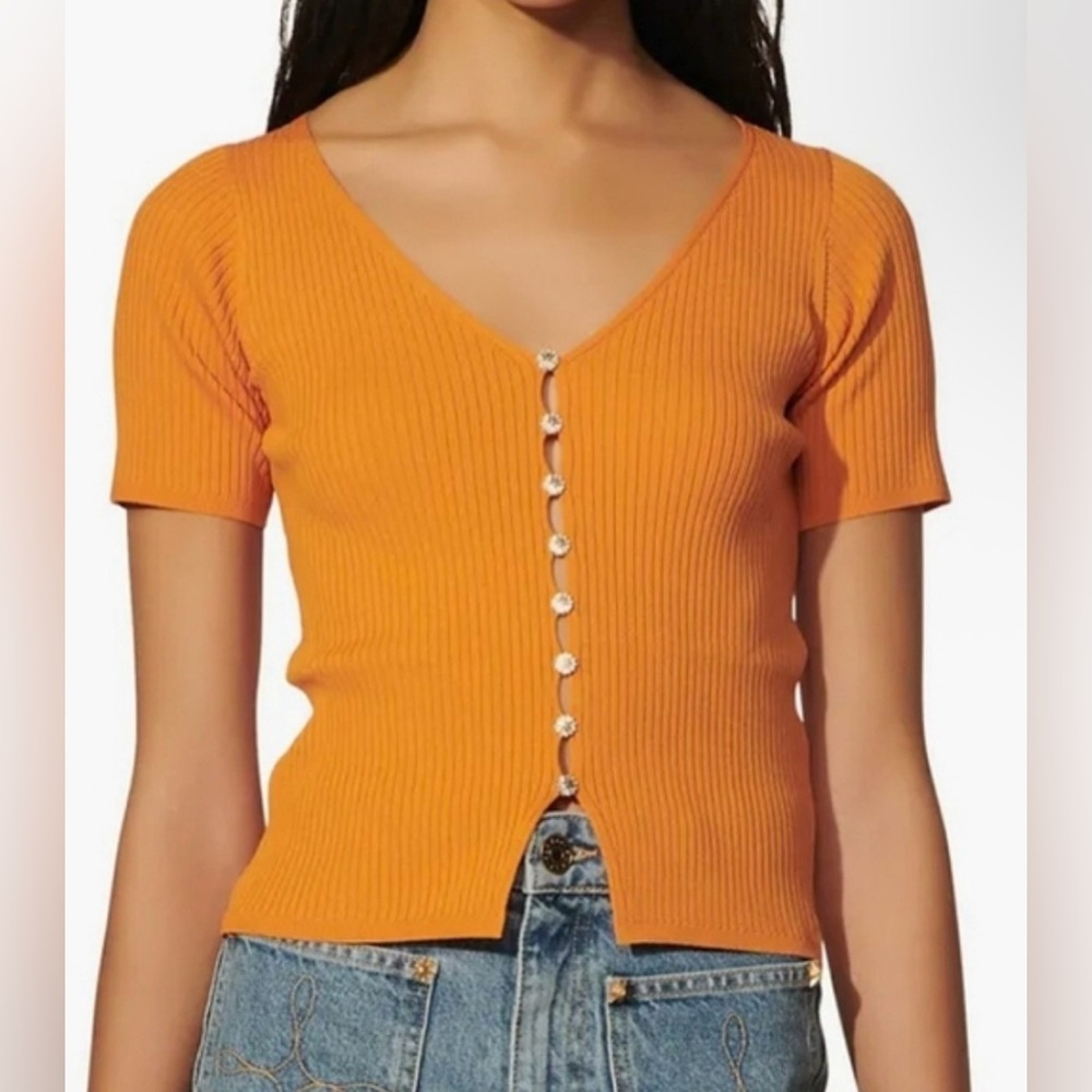 Ribbed Orange Button-Down Short Sleeve Top